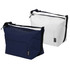 Two cooler bags in navy blue and white, featuring a shoulder strap and a front pocket. Each has a logo.