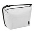 A grey cooler bag with a black trim and an external pocket, featuring a shoulder strap and a zip closure.