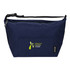 A navy blue cooler bag with a zipper, featuring a front pocket and a logo. Made from recycled materials.