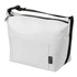 A grey cooler bag with a black strap and a front pocket, featuring a logo.