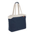 A navy and cream tote bag with two shoulder straps and a logo on the side.