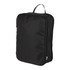 A black compression packing cube with a zippered closure and a handle on top, featuring a logo.