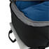A black travel backpack interior showing a blue cushioned compartment and a silver laptop underneath.