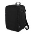 A black travel backpack featuring a sleek design, adjustable straps, and a logo on the front.