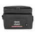 A grey insulated bag with a zippered top and a pocket featuring a logo.