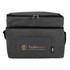 A grey cooler bag with a zip closure and a front pocket, featuring a logo and branding.