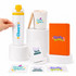 A drink bottle, candle, notebook, phone case, and stickers in various colours, displayed on white pedestals.