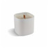A premium square glass candle in white, featuring a wood wick. It has a smooth, minimalist design and a logo.