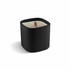 A premium square glass candle in a sleek black container with a wooden wick.