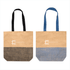 Two tote bags, one with black handles and a black patterned base, the other with blue handles and a blue patterned base. Both feature a logo.