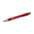 A red metal pen with silver accents and a logo, designed for writing.