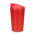 A red coffee cup with a lid and a sleek design, featuring a branding logo on its surface.