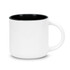 A white coffee mug with a black interior and a handle, featuring a simple design and a logo.