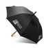 A black umbrella with a wooden handle and a logo on the canopy, designed for outdoor use.