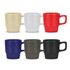 A set of stackable coffee mugs in beige, white, red, navy, grey, and black, each with a textured base and logo.