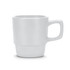 A stackable coffee mug in white ceramic with a textured base and a simple handle. It has a logo on the side.