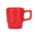 A red stackable coffee mug with a textured base and a comfortable handle. It features a logo.