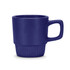 A stackable coffee mug in navy blue with a textured base and a smooth upper surface. Features a handle and a logo.
