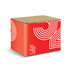 A cardboard box featuring a bold red design with white abstract patterns and a logo.