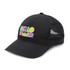 A black cap featuring a colourful design and a logo, with a mesh back for ventilation.