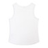 A white women's active tank top with a rounded hem and a logo on the back.