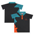 A custom youth active polo in black with teal and orange geometric designs, featuring a small logo.