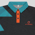 A black polo shirt featuring turquoise and orange accents, with a logo on the front.