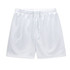 A pair of white men's active shorts with an elastic waistband and drawstring. Features a logo.