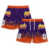 Custom women's active shorts in purple and orange with flame motifs and a logo.