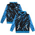 A custom men's active hoodie featuring a black background with blue lightning and swirl patterns, and a hood.