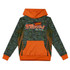 A camo-patterned youth hoodie in green and orange with a central logo and a front pocket.