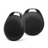 A pair of black Bluetooth trackers with a textured finish and built-in handles for easy attachment.
