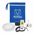 A blue pouch contains a dog leash, bowl, soap, toy, and bone-shaped item, along with a logo.