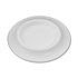 A white, round plate with a smooth surface and a slightly raised rim, featuring a simple design.