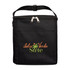 A black cooler bag with a zippered top and a front pocket, featuring a logo with palm trees and text.