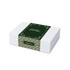 A white hamper box with a green decorative band featuring intricate patterns and a gift message.