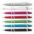 A collection of Athena pens in silver, white, pink, red, green, blue, and black, each with a sleek design and a logo.