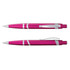 A pink plastic pen with silver accents, featuring a click mechanism and a clip for easy attachment.