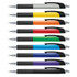 A collection of plastic pens with coloured barrels including grey, yellow, orange, red, green, blue, and purple. Each pen has a logo.
