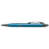 A blue metal pen with a textured grip and a silver clip. It features a logo on the side.