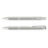 A metal pen in silver with a glossy finish, featuring a clip and decorative bands. Includes branding on the surface.