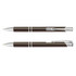 A metal pen in black and silver, featuring a sleek design and metallic accents. It has a logo on the barrel.