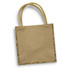 A jute tote bag in a natural beige colour with handle straps and decorative edges. Features a logo.