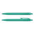 A set of two teal plastic pens, featuring a streamlined design and a clip on one side.