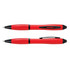 A red stylus pen with black accents, featuring a click mechanism and a smooth design. It includes a logo.