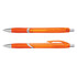 A pair of orange translucent plastic pens with silver accents and grips. One pen features a clip.