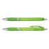 A pair of translucent green plastic pens with silver accents, featuring a textured grip and a clip.