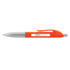 An orange plastic pen with a silver clip and a visible section for messaging. It features a logo.