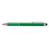 A green stylus pen with silver accents and a rubber tip for touchscreens, featuring a branding logo.
