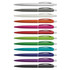A collection of plastic pens in various colours, including silver, white, grey, orange, purple, green, and black, arranged in rows.
